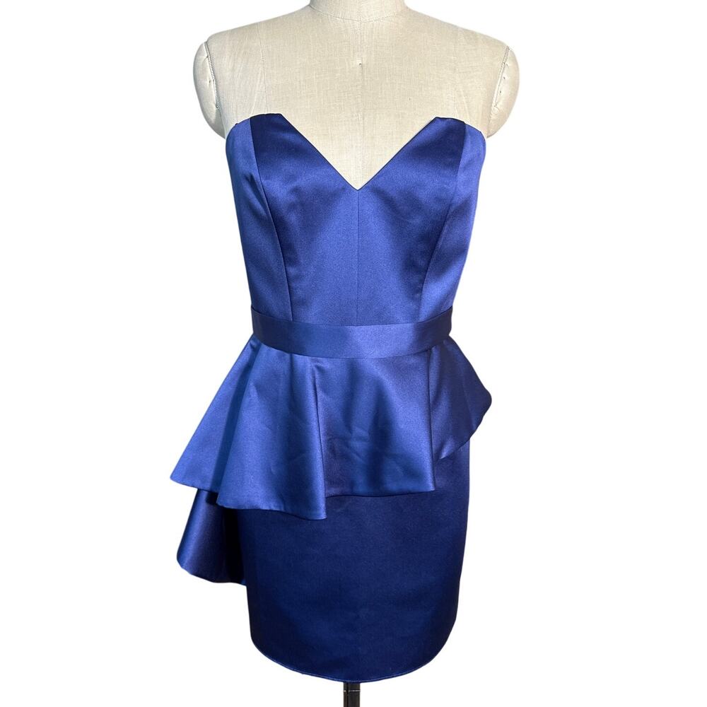 ABS Strapless Satin y2k Cocktail Mini Peplum Dress in Blue Size 10